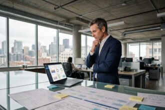 Dirigeant d'entreprise analysant un tableau de bord ERP modulaire dans un bureau moderne avec diagrammes de flux de travail