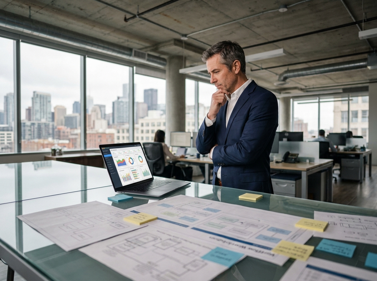 Dirigeant d'entreprise analysant un tableau de bord ERP modulaire dans un bureau moderne avec diagrammes de flux de travail
