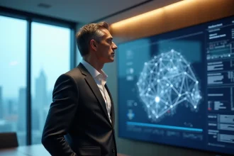 Dirigeant Apple en costume analysant des données d'intelligence artificielle sur un écran dans une salle de conférence moderne