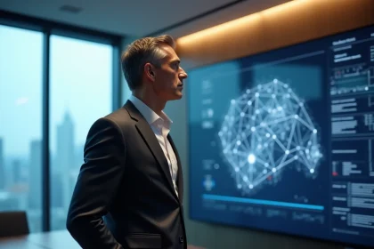 Dirigeant Apple en costume analysant des données d'intelligence artificielle sur un écran dans une salle de conférence moderne