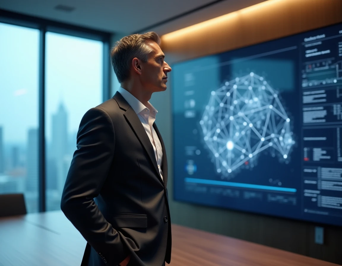 Dirigeant Apple en costume analysant des données d'intelligence artificielle sur un écran dans une salle de conférence moderne
