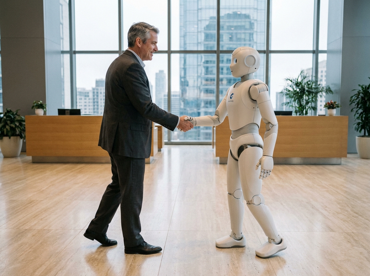 Dirigeant d'entreprise serrant la main d'un robot humanoïde dans un hall corporatif moderne