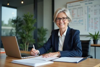 Dirigeante d'association signant des documents officiels pour une organisation d'utilité publique