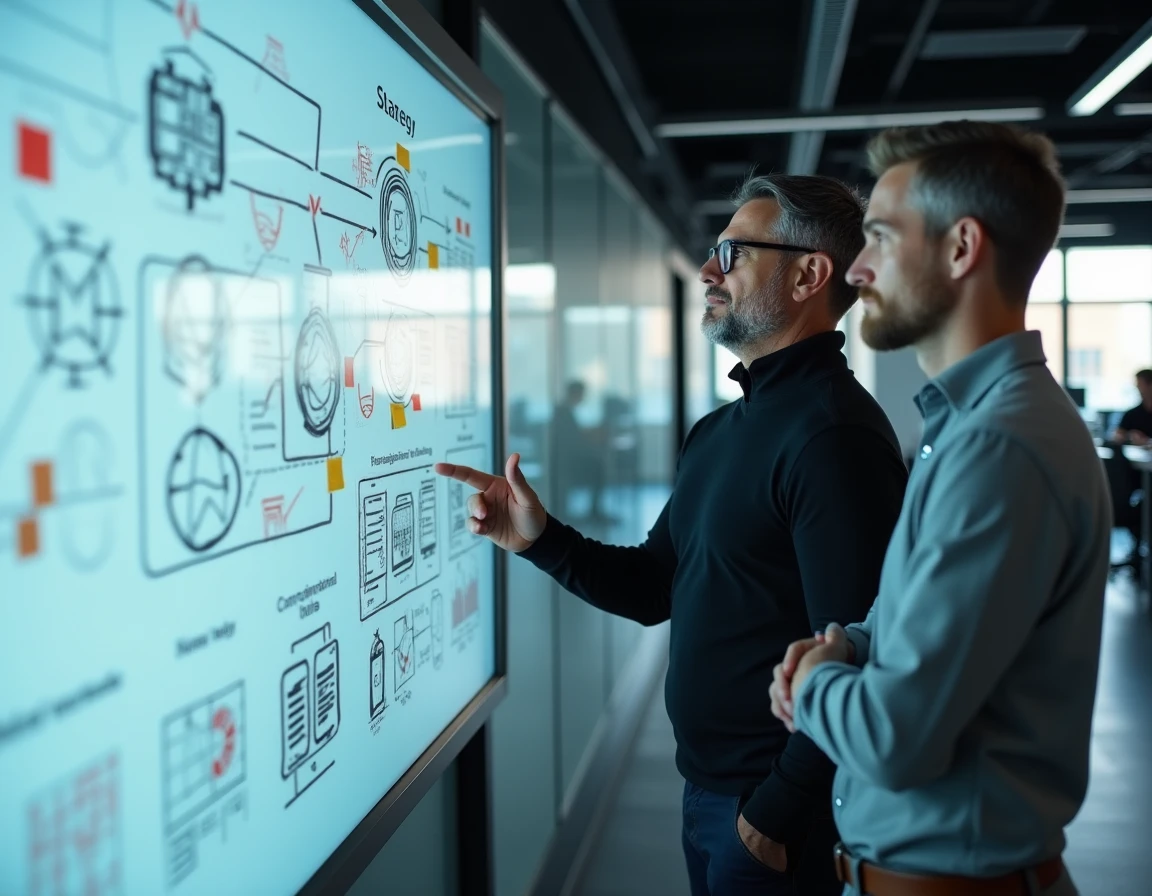 Deux dirigeants Apple discutant d'une stratégie d'intelligence artificielle devant un tableau blanc dans un laboratoire d'innovation