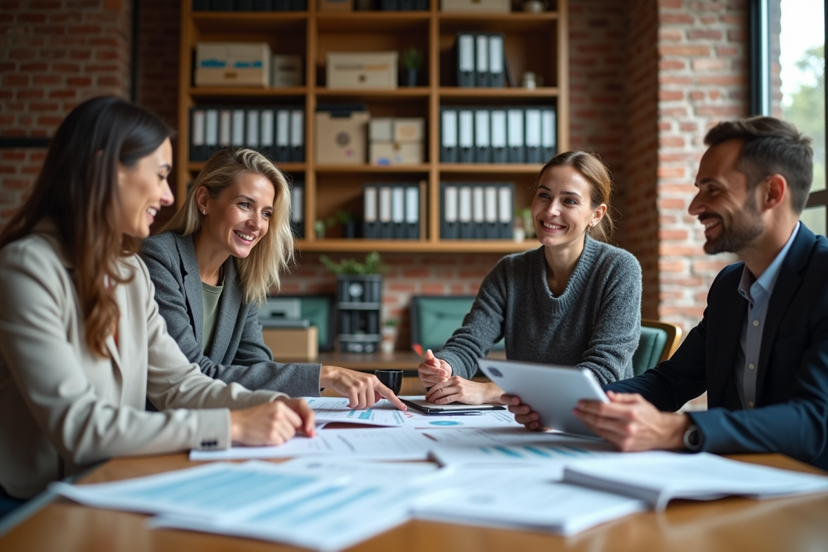 Groupe de professionnels discutant autour d