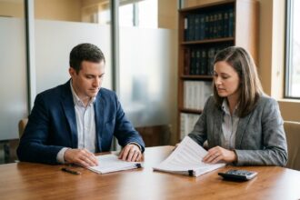 Couple en train de signer des documents de divorce par consentement mutuel chez un notaire