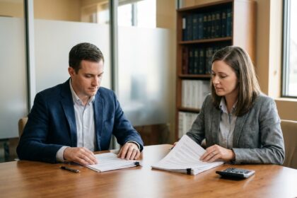 Couple en train de signer des documents de divorce par consentement mutuel chez un notaire