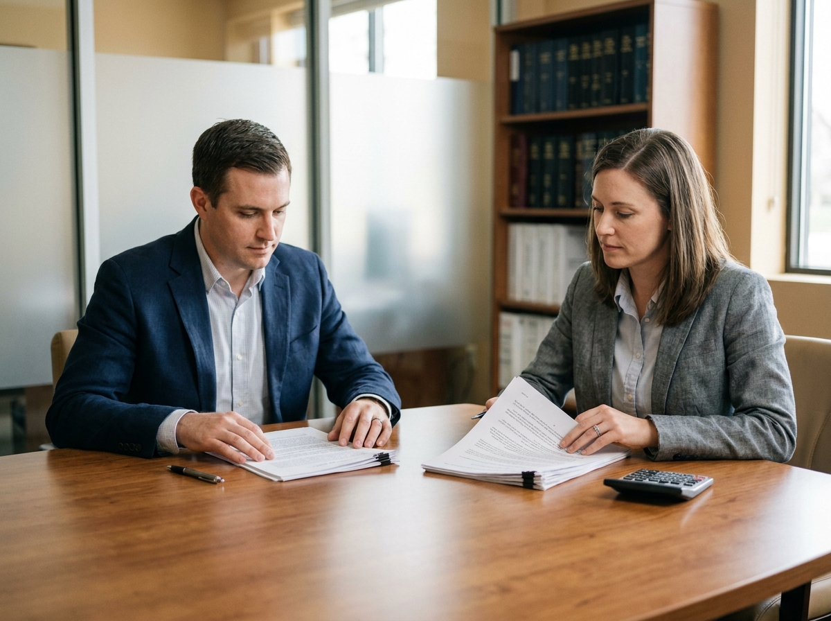 Couple en train de signer des documents de divorce par consentement mutuel chez un notaire