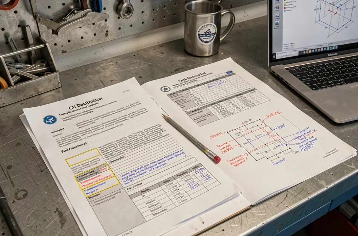 Dossier technique de construction ouvert sur un plan de travail industriel avec des formulaires CE, des schémas annotés et des erreurs corrigées en rouge