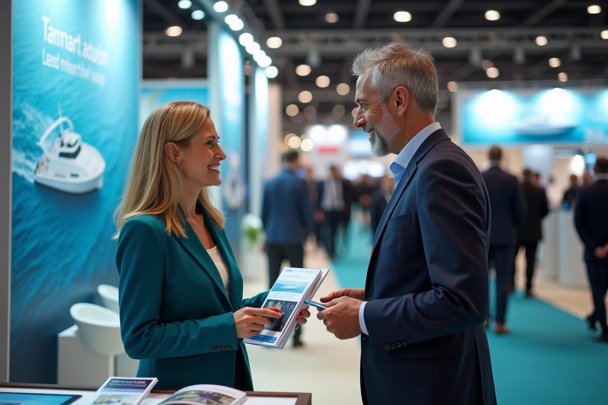 Deux professionnels du secteur nautique échangeant sur leur stratégie B2B lors d'un salon maritime international avec stands d'exposants en arrière-plan