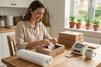 Femme travaillant à domicile en emballant des échantillons de produits sur une table en bois dans sa cuisine
