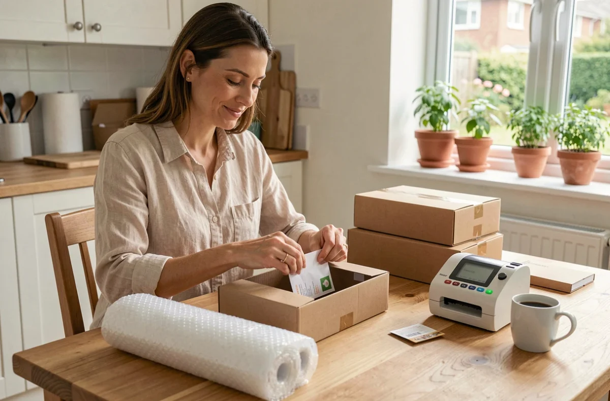 Femme travaillant à domicile en emballant des échantillons de produits sur une table en bois dans sa cuisine