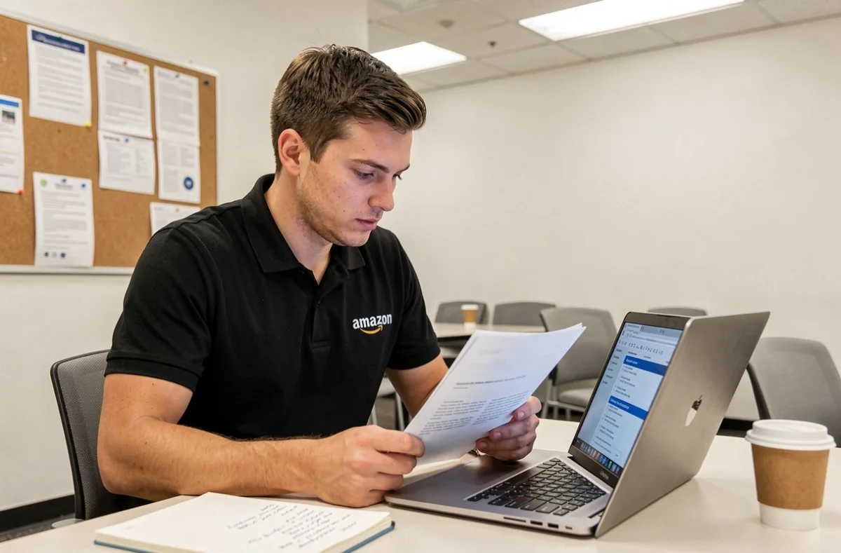 Jeune employé Amazon étudiant des documents de développement de carrière dans une salle de formation, symbolisant la progression rapide vers un poste de manager