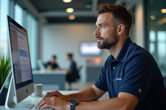 Employé Chronopost consultant le portail CSE sur un ordinateur de bureau dans un open space