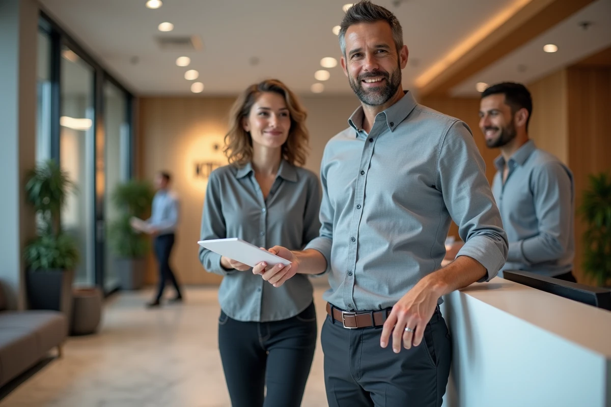 Employé du secteur tertiaire en interaction professionnelle dans le hall d'accueil d'une entreprise de services