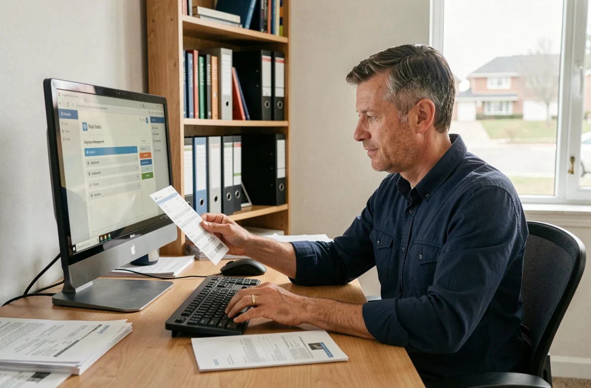 Employé en télétravail accédant à ses bulletins de paie dématérialisés sur ordinateur depuis son bureau à domicile