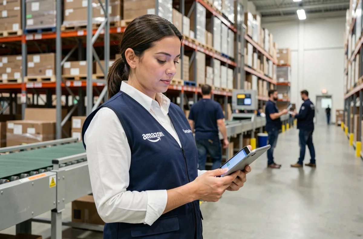Employée Amazon en gilet bleu marine tenant une tablette dans un entrepôt de logistique moderne, illustrant le travail et l'évolution de carrière chez Amazon