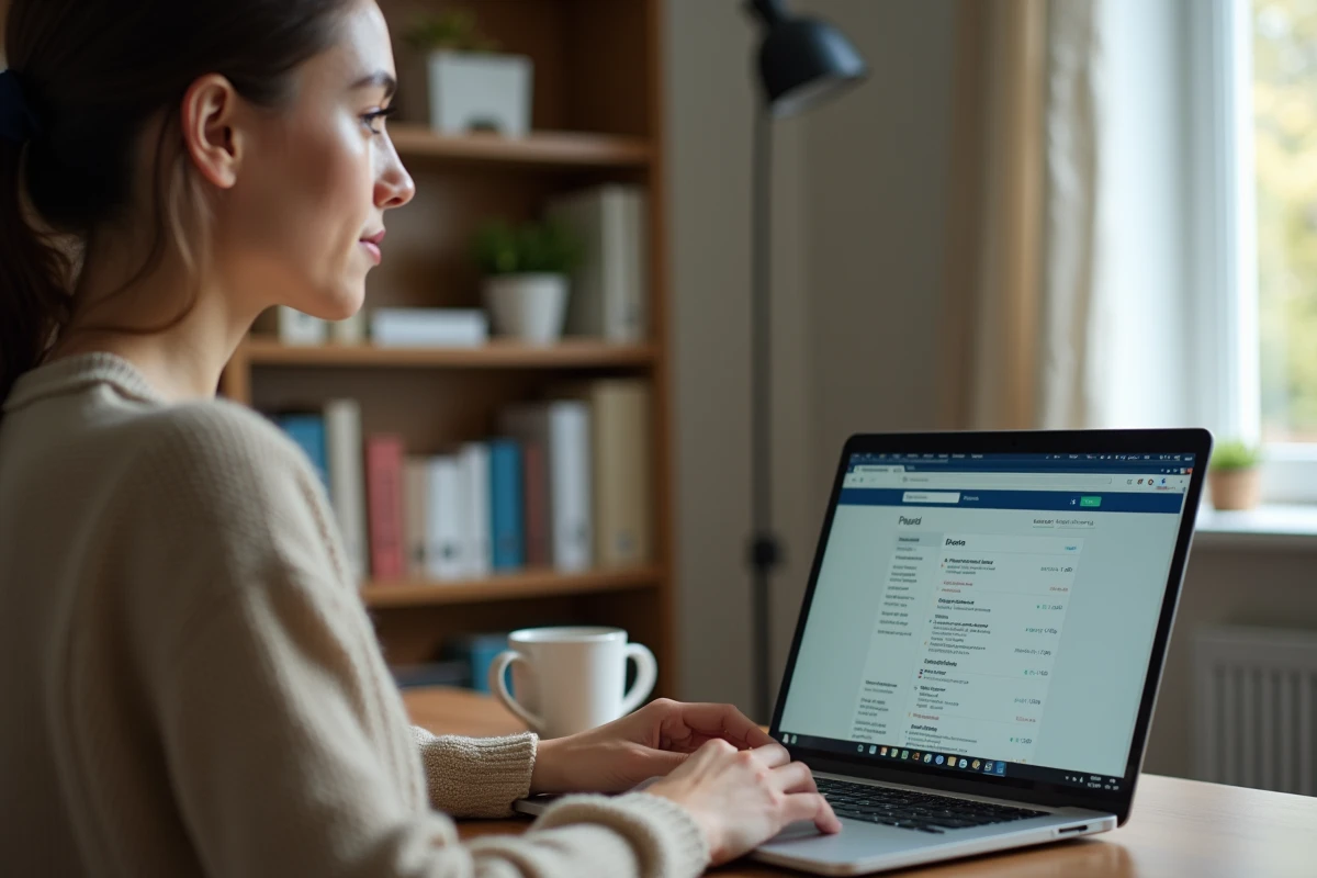 Employée en télétravail accédant à son dossier RH personnel via une plateforme numérique sécurisée