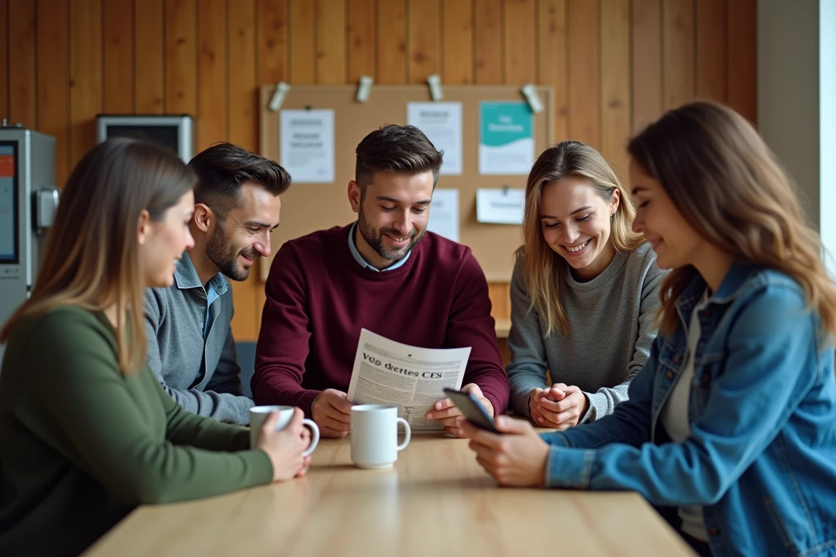 Employés discutant de leurs droits au comité d'entreprise autour d'un tableau d'affichage en salle de pause