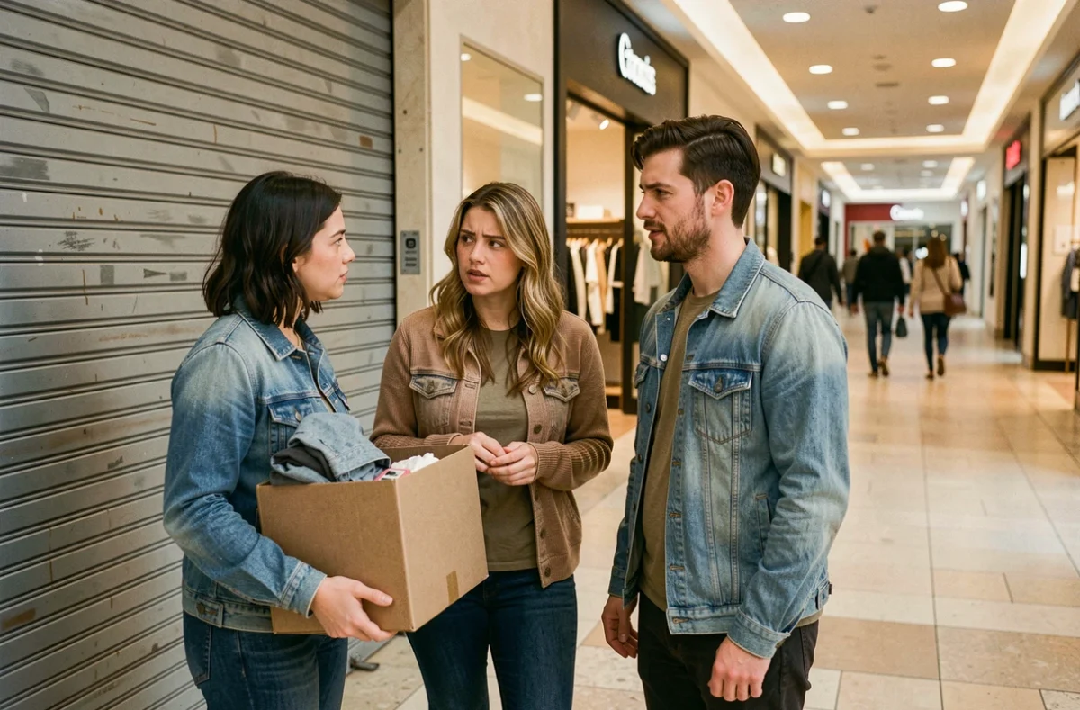 Employés d'une boutique H&M fermée dans un centre commercial français discutant devant le magasin condamné, illustrant l'impact humain des fermetures de magasins