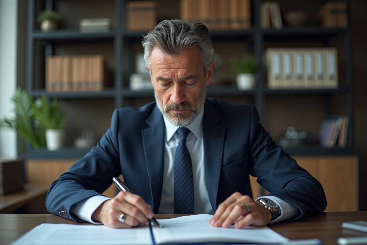 Homme d'affaires sérieux en costume bleu dans un bureau professionnel