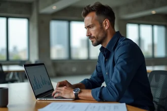 Entrepreneur concentré analysant des documents financiers sur son bureau moderne pour comprendre Exlansa