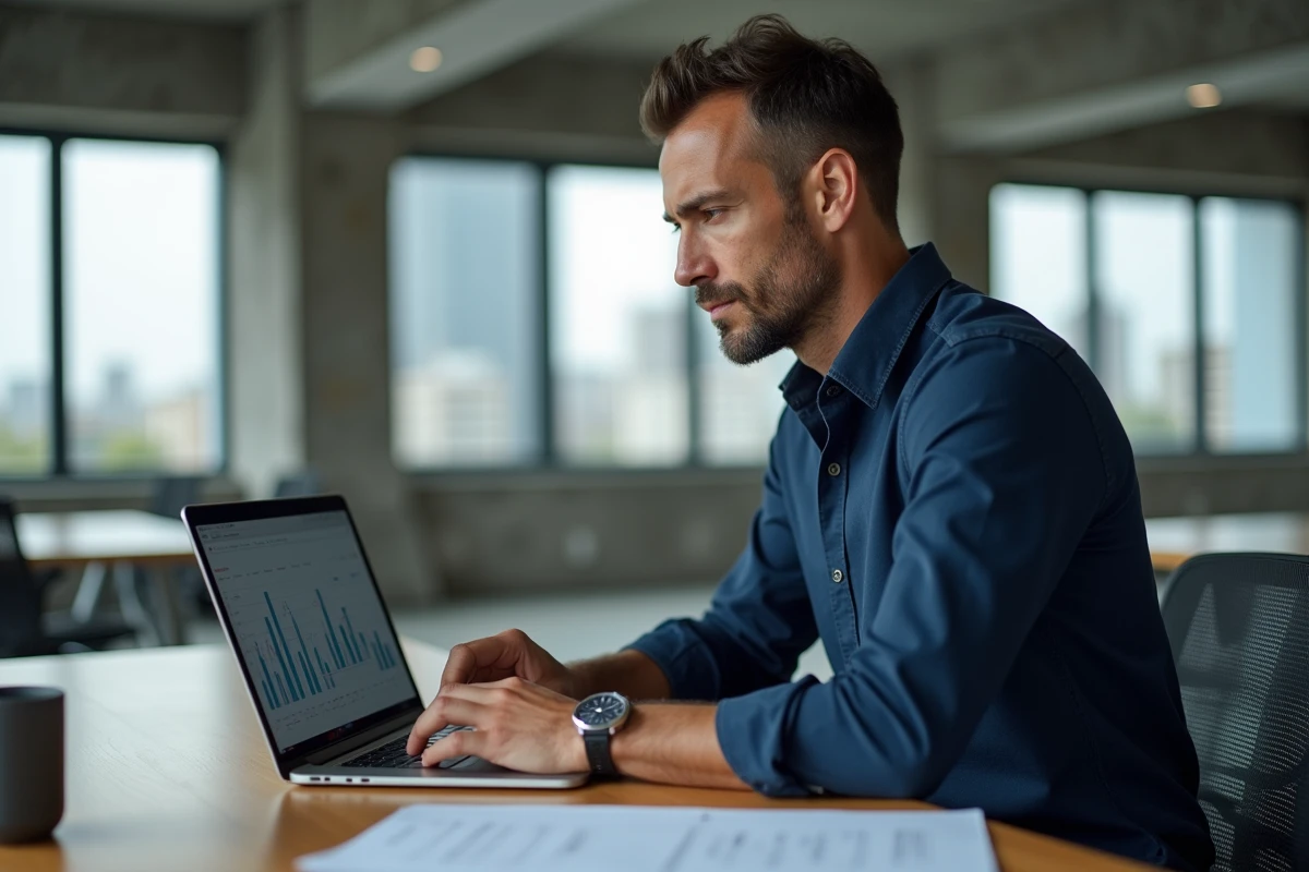 Entrepreneur concentré analysant des documents financiers sur son bureau moderne pour comprendre Exlansa