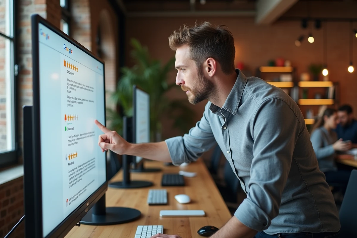 Entrepreneur consultant des avis Google et scores de réputation d'une agence digitale sur grand écran