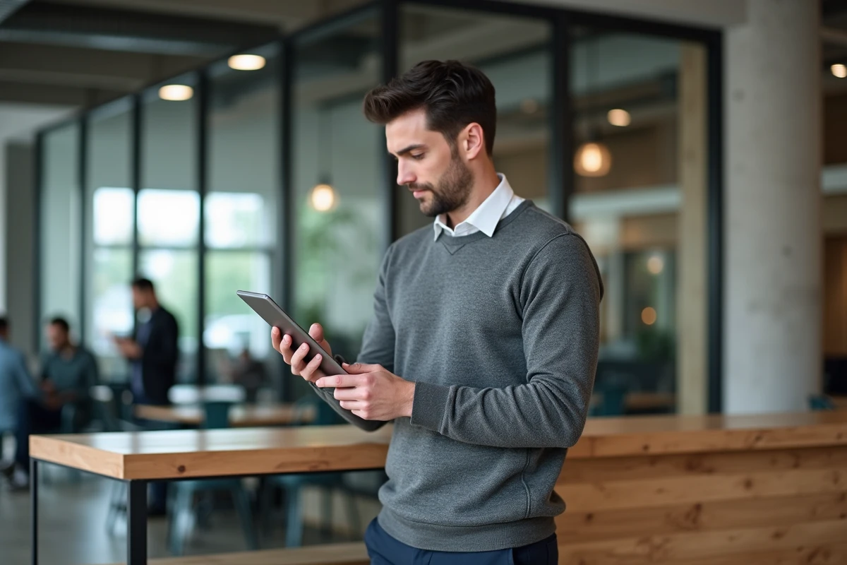 Entrepreneur consultant une base de données de catégories d'activités principales sur une tablette dans un espace de coworking