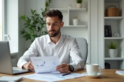Entrepreneur masculin analysant ses charges professionnelles et impôts sur ordinateur dans un bureau moderne