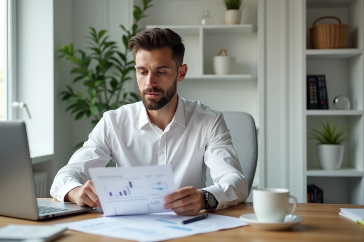 Entrepreneur masculin analysant ses charges professionnelles et impôts sur ordinateur dans un bureau moderne