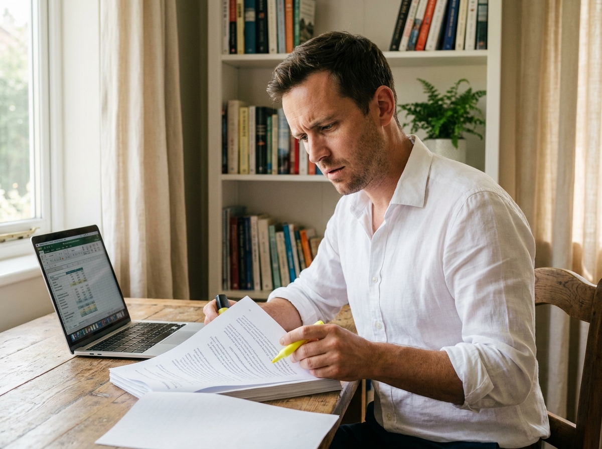 Entrepreneur solo relisant méticuleusement un document juridique de partenariat commercial dans son bureau à domicile