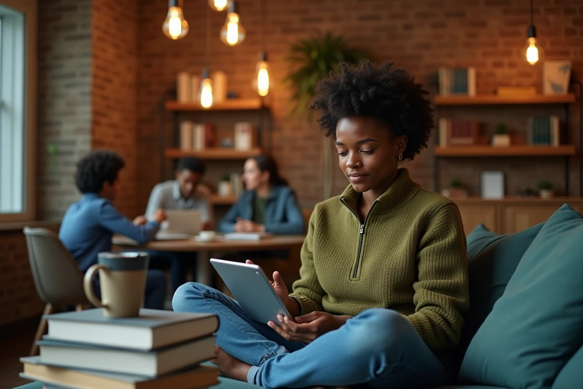 Entrepreneuse concentrée sur une méthode d'action concrète pour doubler ses résultats depuis un espace de coworking moderne