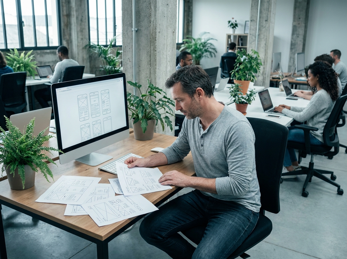Entrepreneur nantais travaillant sur la conception de son site web professionnel dans un espace de coworking