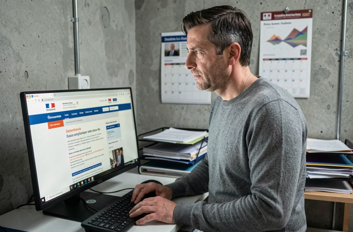 Entrepreneur consultant un portail administratif français sur ordinateur pour gérer son numéro URSSAF après un changement de statut