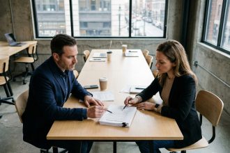 Deux entrepreneurs examinant attentivement un contrat d'association autour d'une table de réunion moderne avant signature