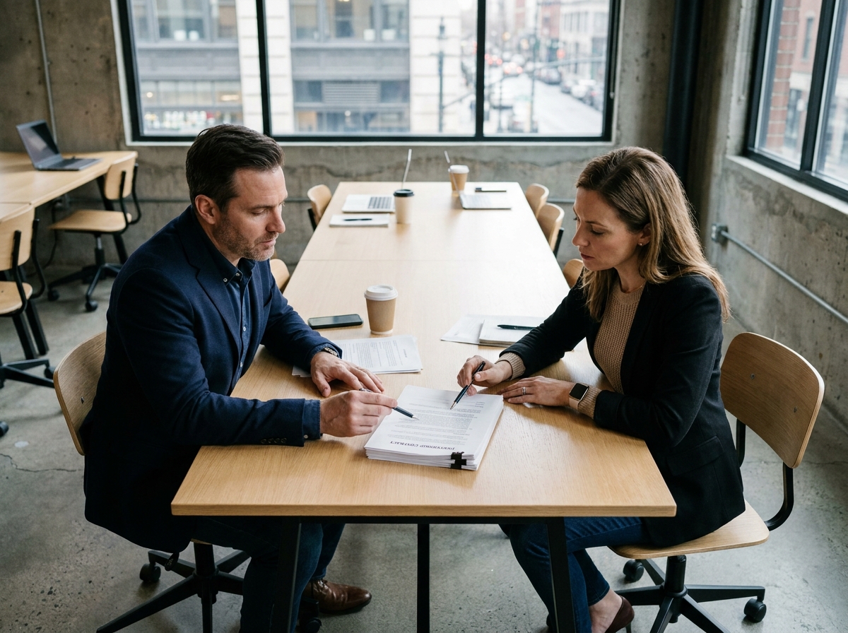 Deux entrepreneurs examinant attentivement un contrat d'association autour d'une table de réunion moderne avant signature