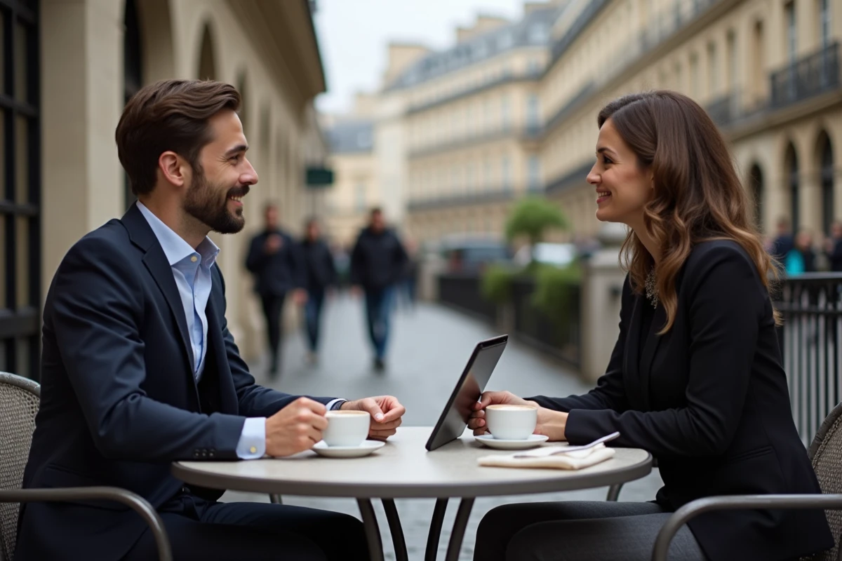 Deux entrepreneurs discutant d'Exlansa en terrasse d'un café parisien autour d'un tableau de bord numérique