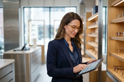 Entrepreneuse dans une boutique optique moderne examinant des données sur une tablette, entourée de montures de lunettes haut de gamme