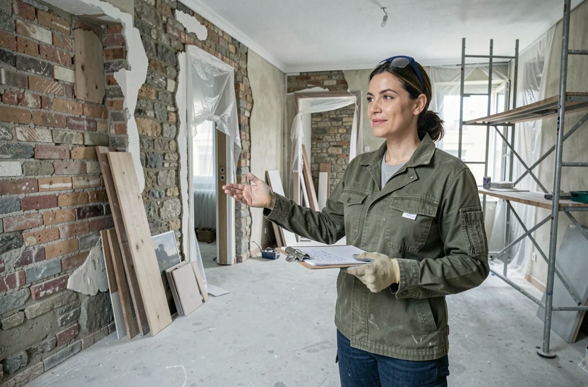 Une entrepreneuse présente l'avancement d'un chantier de rénovation dans une pièce aux murs de pierre apparente
