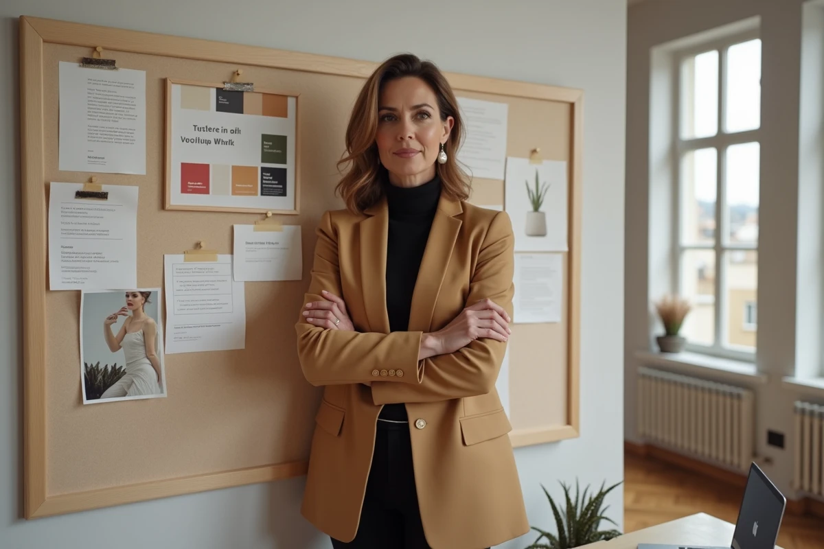 Entrepreneuse indépendante debout devant un tableau de stratégie visuelle avec logos et palettes de couleurs, symbolisant l'investissement dans une identité de marque rentable