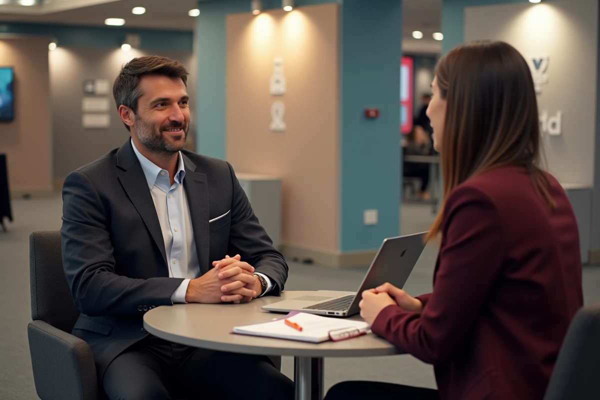 Recruteur en entretien individuel avec une candidate lors d'un salon de rencontres emploi