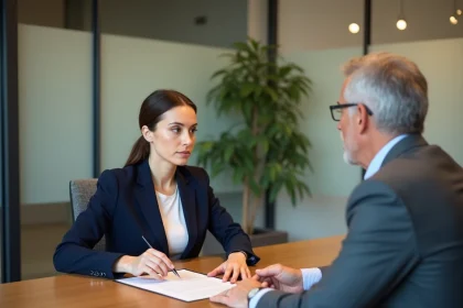 Entretien professionnel entre une salariée et son employeur pour discuter d'une rupture conventionnelle autour d'un document officiel