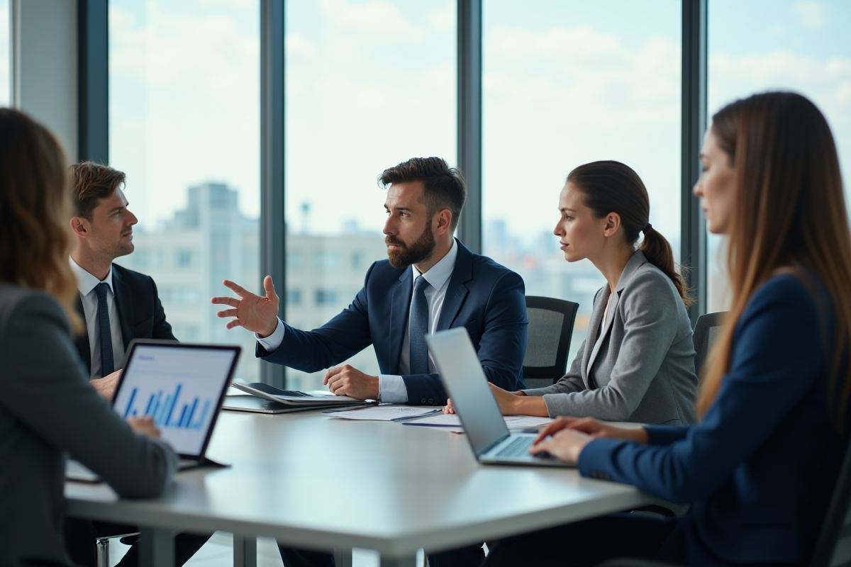 Groupe de professionnels en réunion dans un bureau lumineux