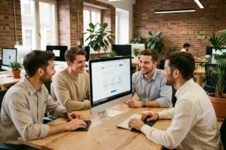 Équipe d'une agence web à Toulouse collaborant autour d'un écran dans un bureau moderne