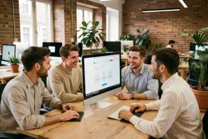 Équipe d'une agence web à Toulouse collaborant autour d'un écran dans un bureau moderne