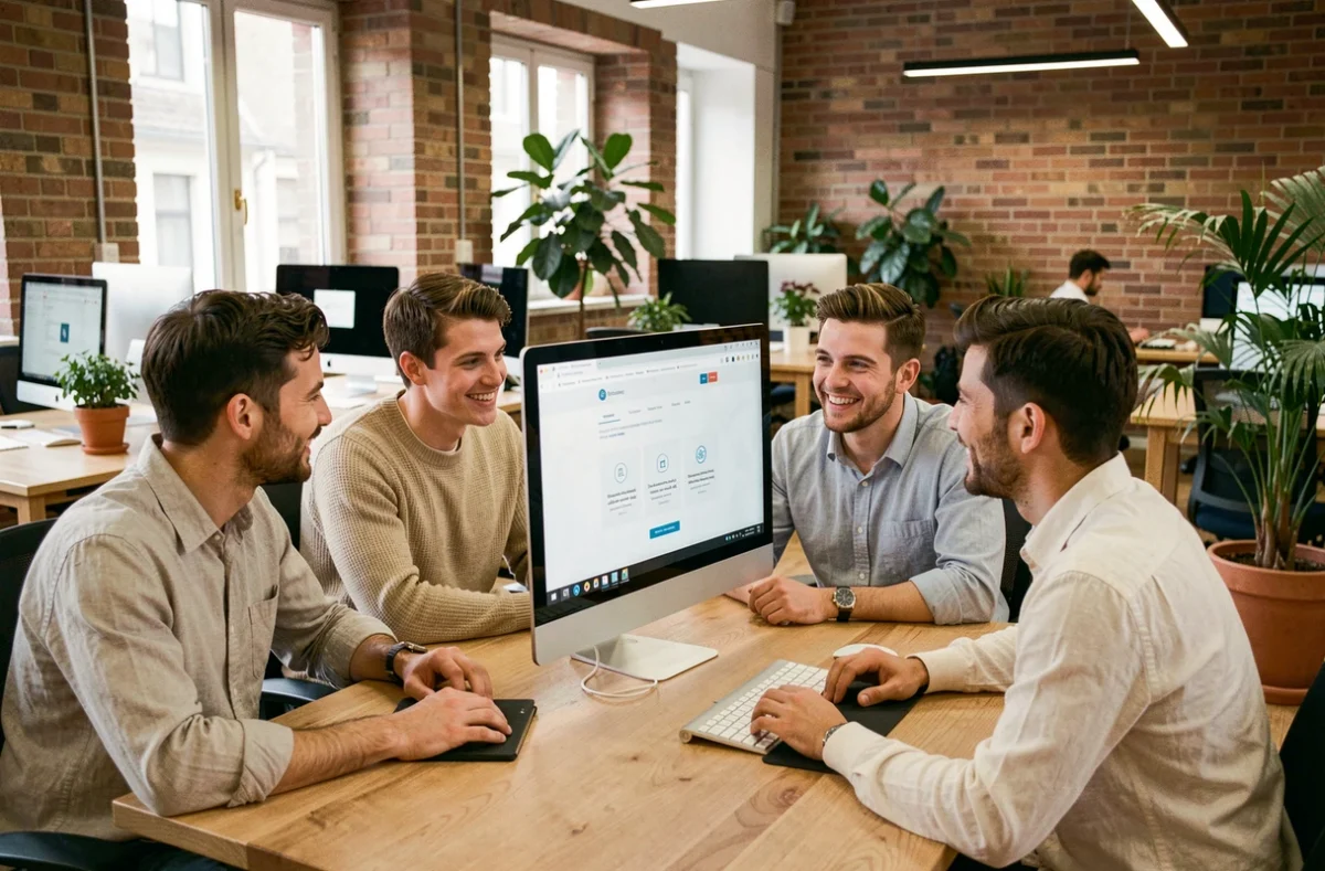 Équipe d'une agence web à Toulouse collaborant autour d'un écran dans un bureau moderne