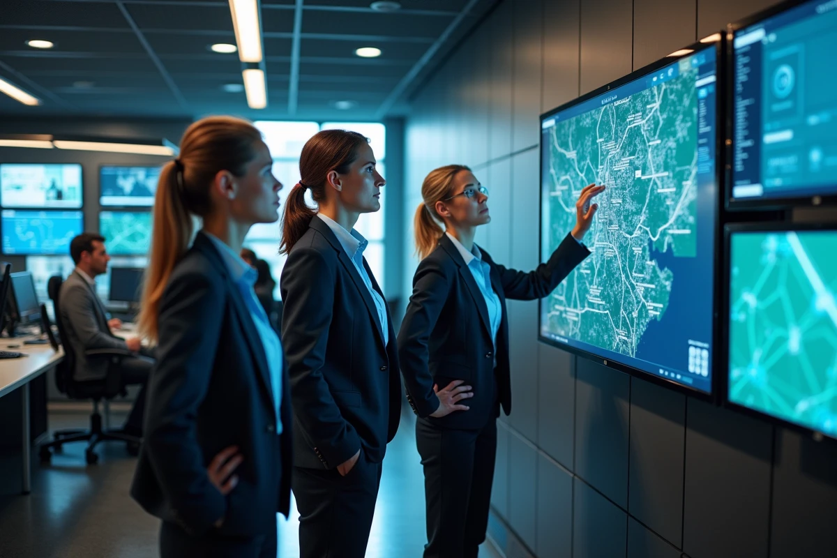 Équipe d'agents RATP Urban Group consultant une interface mise à jour sur un écran tactile dans un centre de contrôle opérationnel