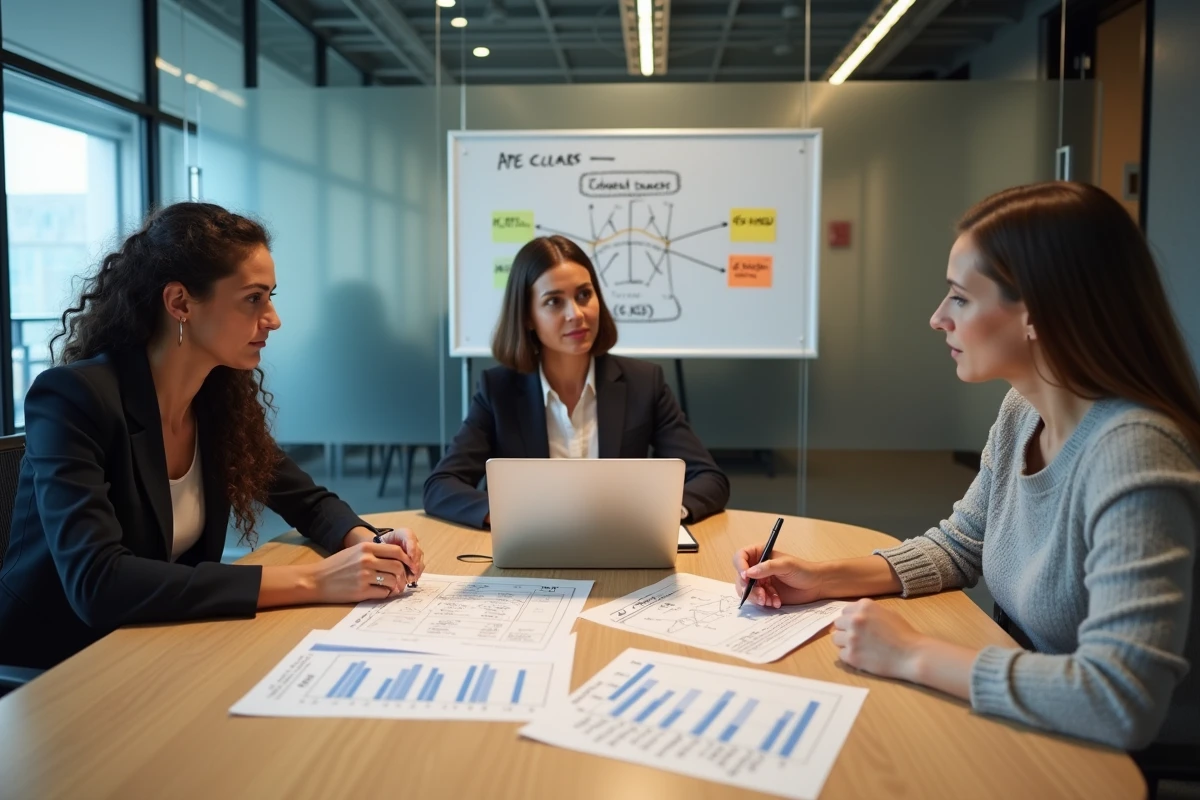 Équipe de professionnels analysant les codes APE et catégories de nomenclature INSEE lors d'une réunion en salle de conférence