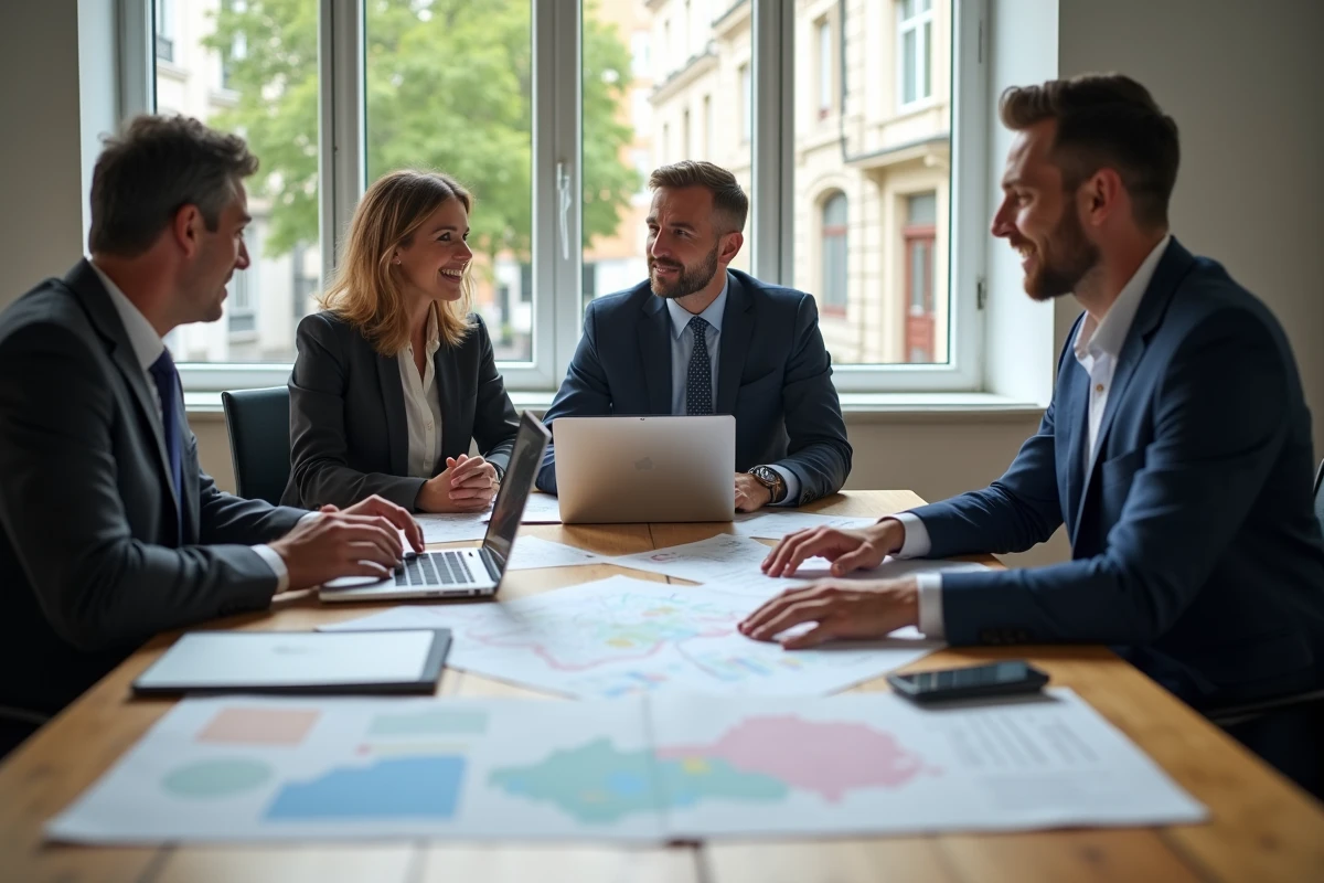 Équipe de professionnels analysant des opportunités d'implantation d'entreprises sur des cartes territoriales lors d'une réunion stratégique